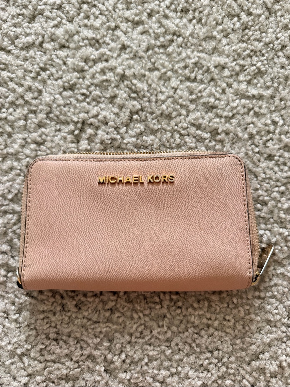 Michael Kors Pink Zip-Around Saffiano Card Wallet with Gold Logo